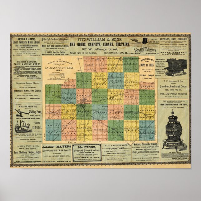 Póster Mapa do Condado de McLean, Illinois 1886 (Frente)