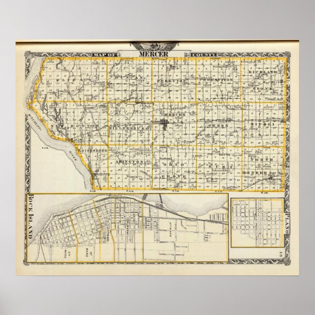 Póster Mapa do Condado de Mercer, Rock Island e Plano (Frente)