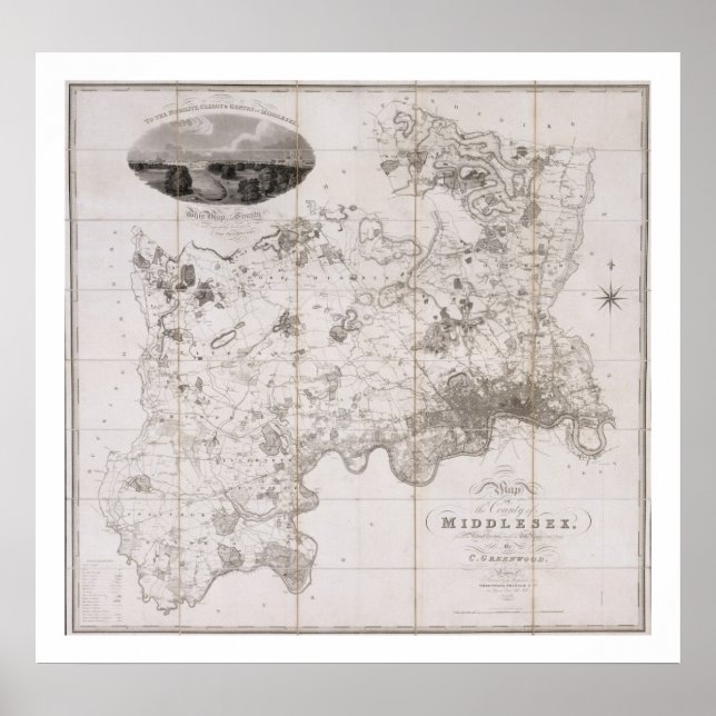 Póster Mapa do condado de Middlesex, publicado em 1819 (Frente)