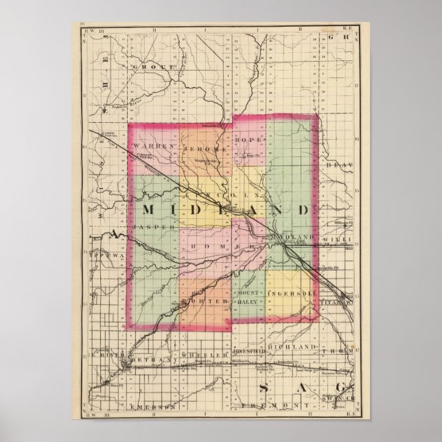 Póster Mapa do Condado de Midland, Michigan (Frente)