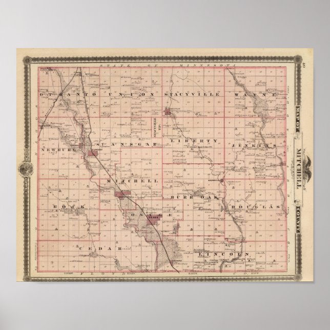 Póster Mapa do Condado de Mitchell, Estado de Iowa (Frente)