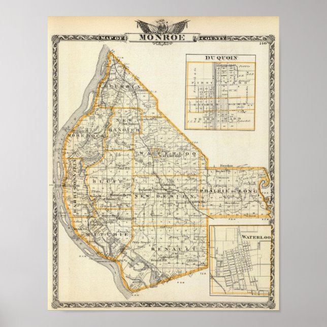 Póster Mapa do condado de Monroe, DuQuoin e Waterloo (Frente)