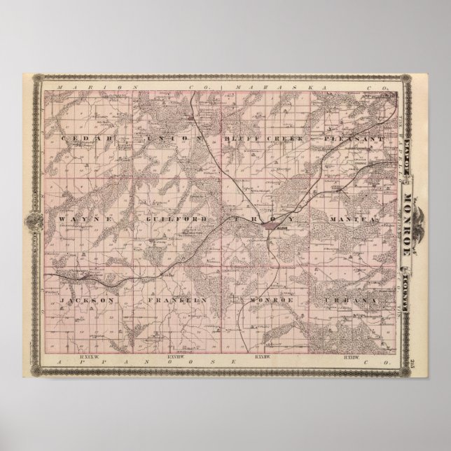 Poster Mapa do condado de Monroe, Estado de Iowa (Frente)