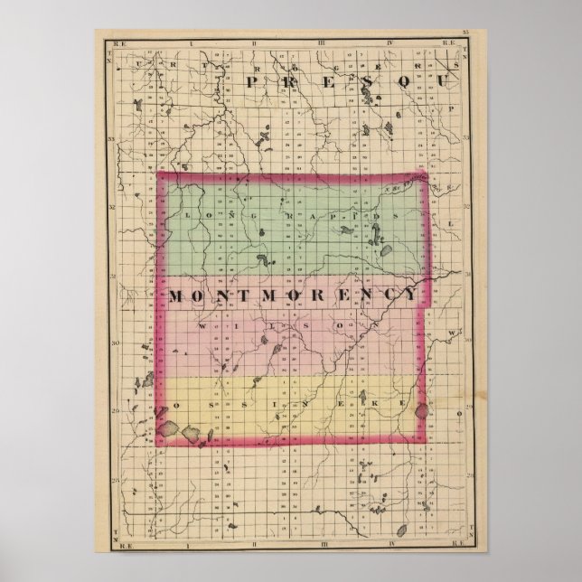 Póster Mapa do Condado de Montmorency, Michigan (Frente)