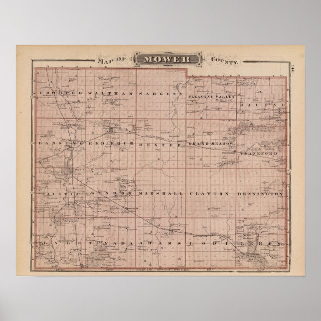 Póster Mapa do Condado de Mower, Minnesota (Frente)