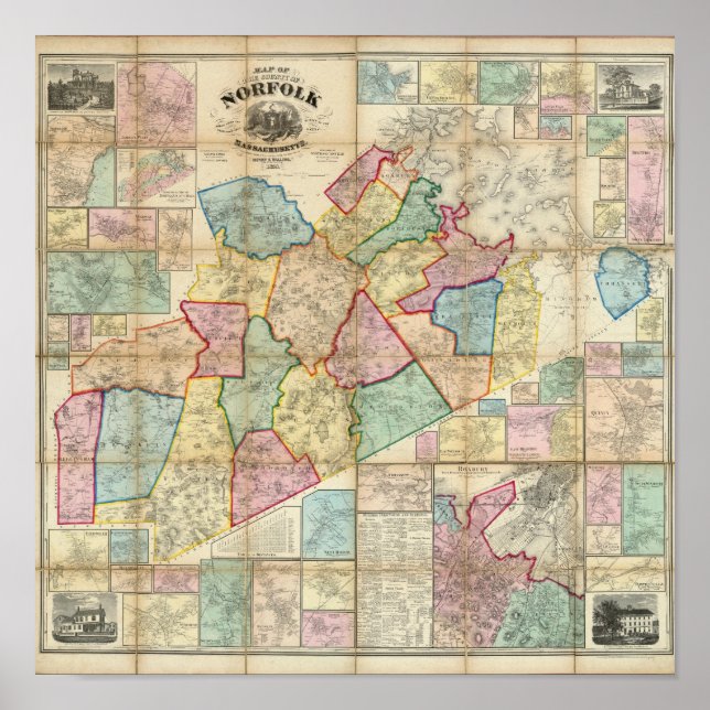 Póster Mapa do Condado de Norfolk, Massachusetts (Frente)