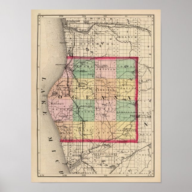 Póster Mapa do Condado de Oceana, Michigan (Frente)