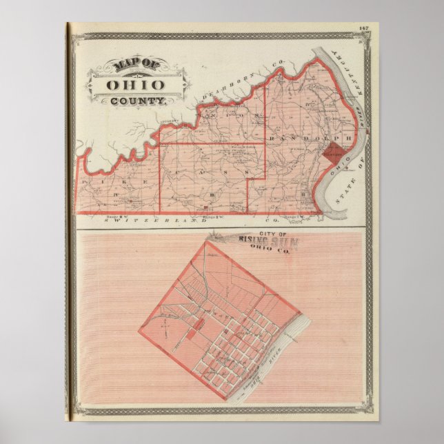 Póster Mapa do condado de Ohio com a cidade da Ascensão S (Frente)