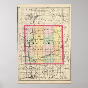 Póster Mapa do Condado de Osceola, Michigan