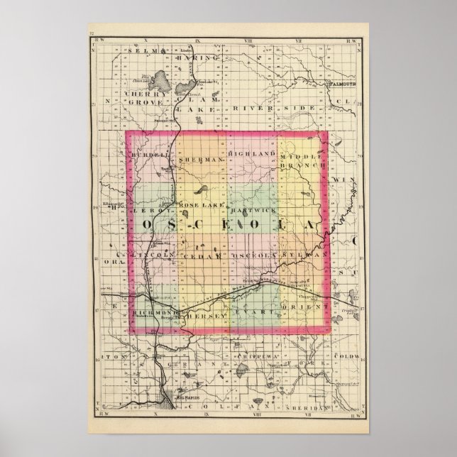 Póster Mapa do Condado de Osceola, Michigan (Frente)