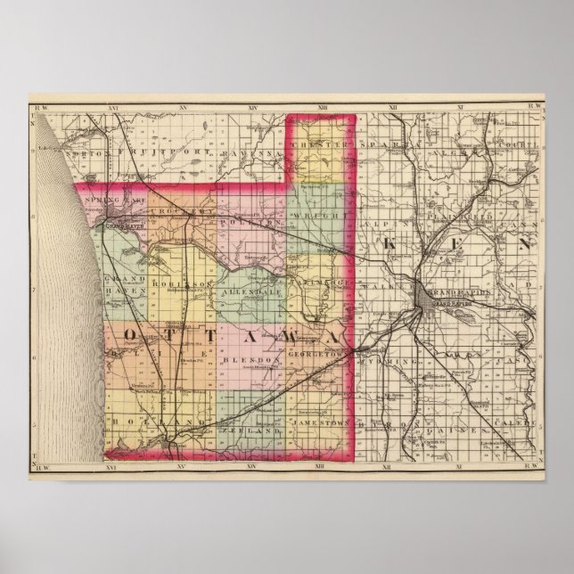 Póster Mapa do Condado de Ottawa, Michigan (Frente)