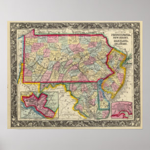 Poster Mapa do condado de Pensilvânia, New-jersey