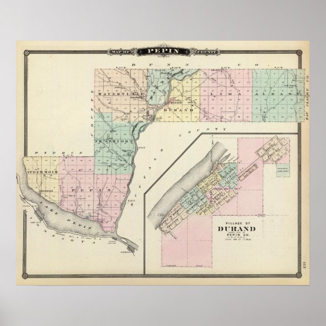 Póster Mapa do Condado de Pepin e da Aldeia de Durand (Frente)