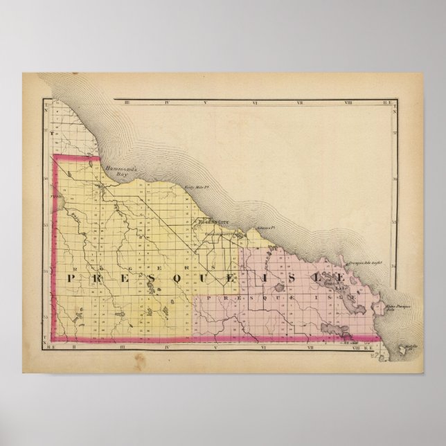 Poster Mapa do Condado de Presque Isle, Michigan (Frente)