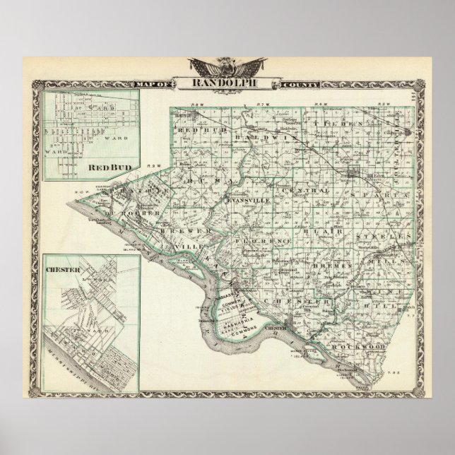 Poster Mapa do Condado de Randolph, Red Bud e Chester (Frente)