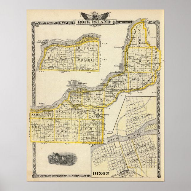 Póster Mapa do Condado de Rock Island e de Dixon (Frente)