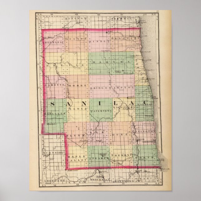 Póster Mapa do Condado de Sanilac, Michigan (Frente)