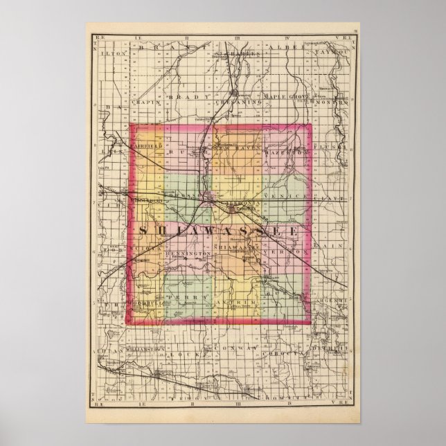 Poster Mapa do Condado de Shiawassee, Michigan (Frente)
