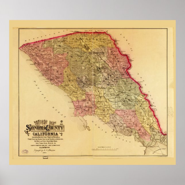 Poster Mapa do Condado de Sonoma, Califórnia (1884) (Frente)