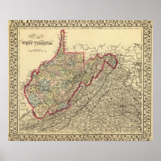 Poster Mapa do Condado de West Virginia (Frente)