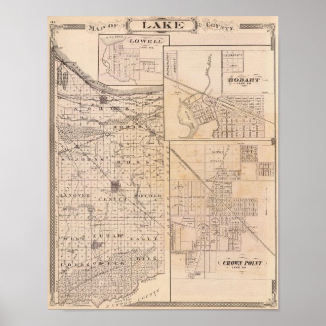 Póster Mapa do condado do lago com Lowell (Frente)