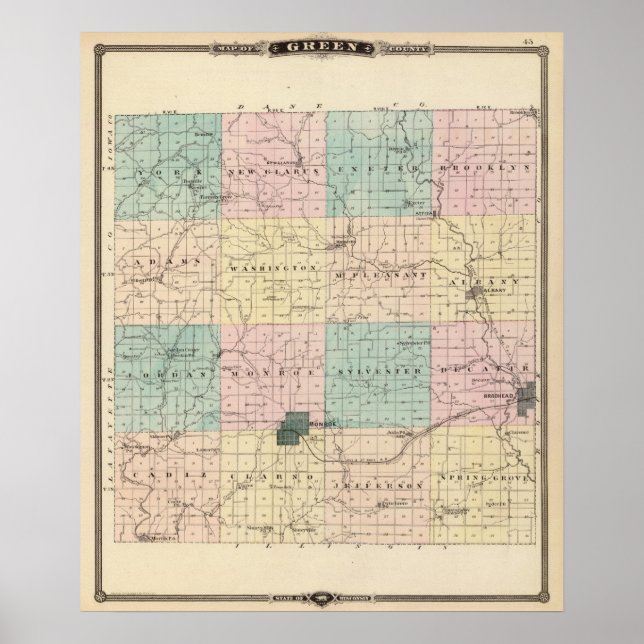 Poster Mapa do Condado Verde, Estado de Wisconsin (Frente)