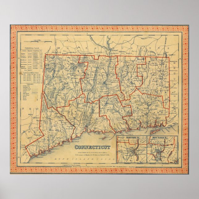 Póster Mapa do Connecticut (1846) (Frente)