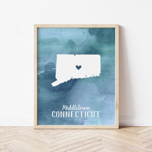 Póster Mapa do Connecticut Blue Watercolor Art Personaliz