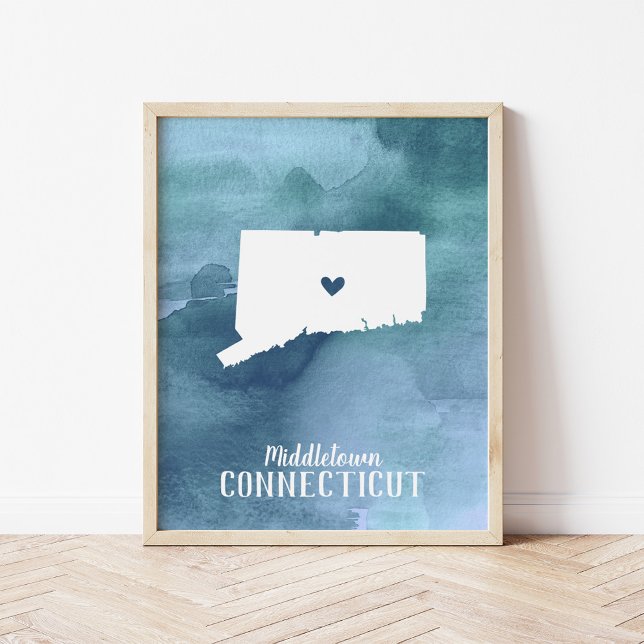 Póster Mapa do Connecticut Blue Watercolor Art Personaliz (Criador carregado)