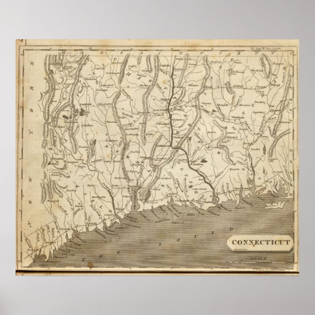 Póster Mapa do Connecticut por Arrowsmith (Frente)