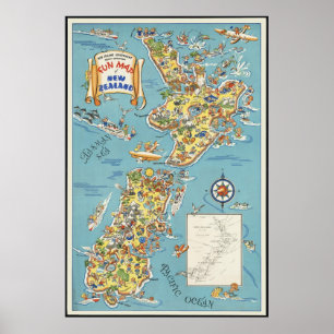 Póster Mapa do divertimento de Nova Zelândia