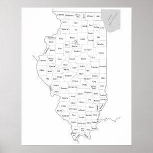 Póster Mapa do esboço do estado de Illinois com condados