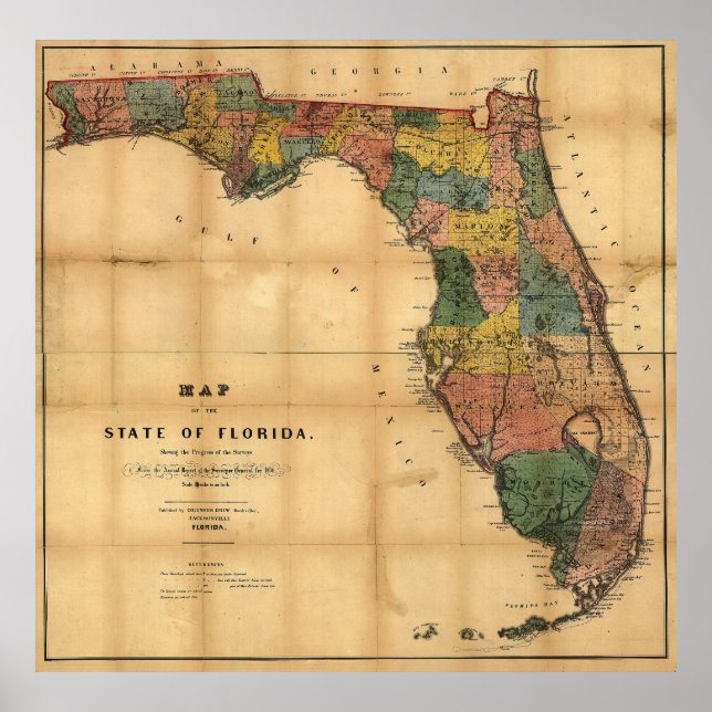 Póster Mapa do Estado da Flórida de 1856 por Columbus Dre (Frente)