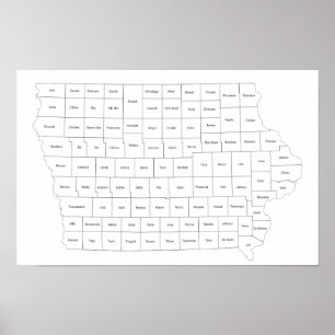 Poster Mapa do Estado de Iowa com contornos e nomes de co