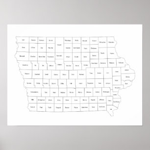 Poster Mapa do Estado de Iowa com contornos e nomes de co
