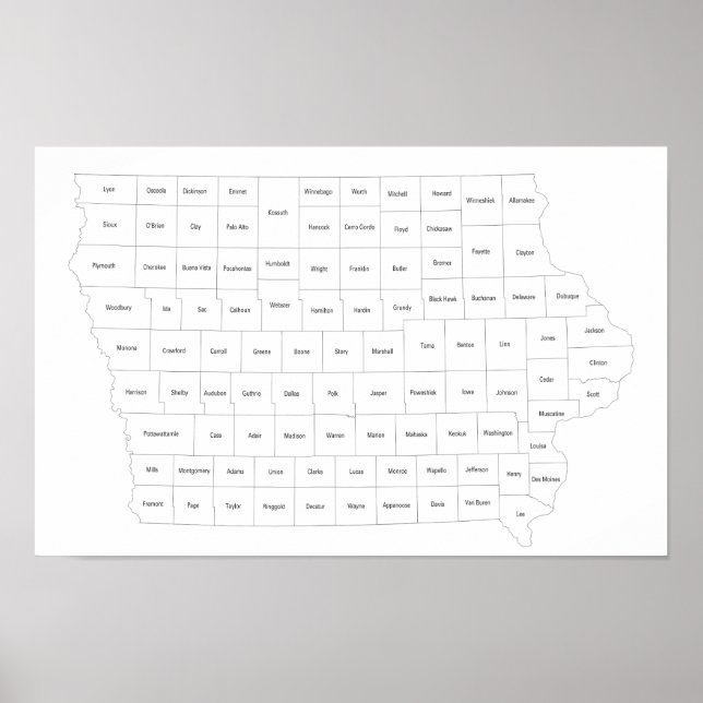 Poster mapa do estado de Iowa com contornos e nomes dos c (Frente)