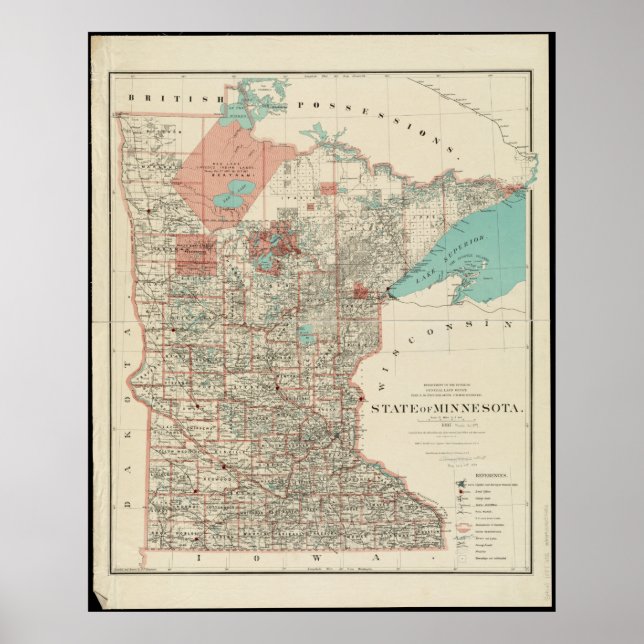 Poster Mapa do Estado de Minnesota Vintage (Frente)