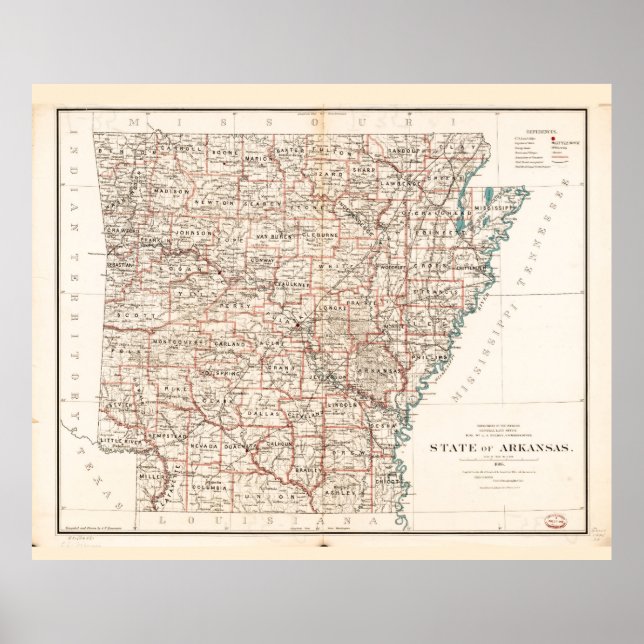 Poster Mapa do Estado do Arkansas (1886) (Frente)