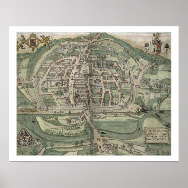 Póster Mapa do Exeter, de "Civitates Orbis Terrarum" por (Frente)