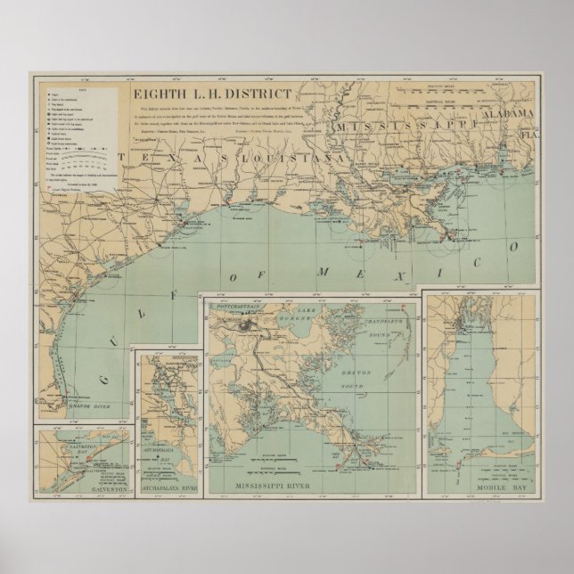 Poster Mapa do Farol do Golfo do México (1898) (Frente)