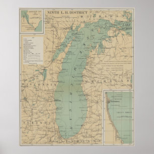 Poster Mapa do Farol do Lago Vintage Michigan (1898)