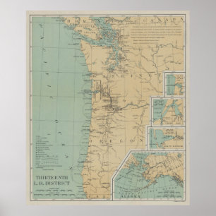 Poster Mapa do Farol Vintage Washington e Oregon (1898)