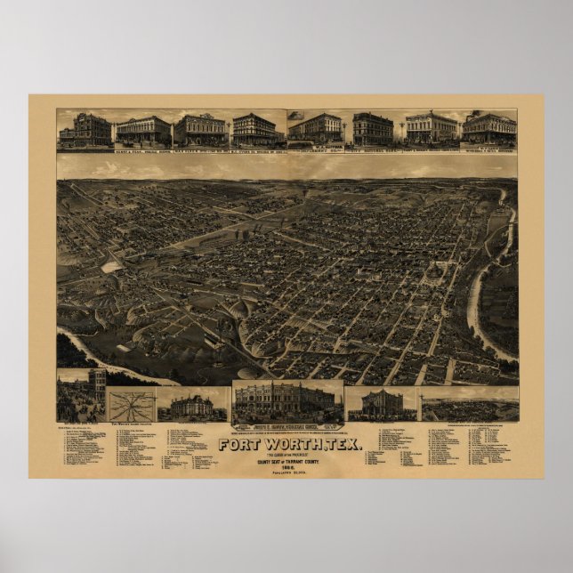 Poster Mapa do Forte em 1886, TX Birds (Frente)