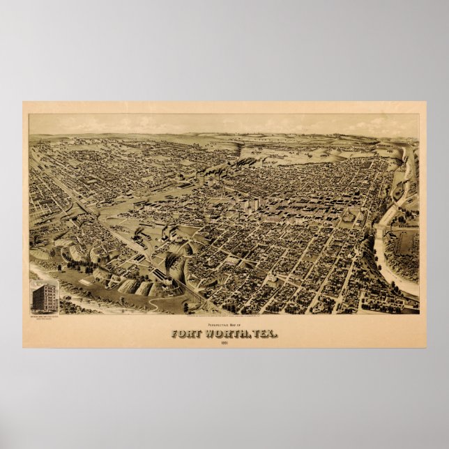 Póster Mapa do Forte Worth, Texas Birds Eye, 1891 (Frente)