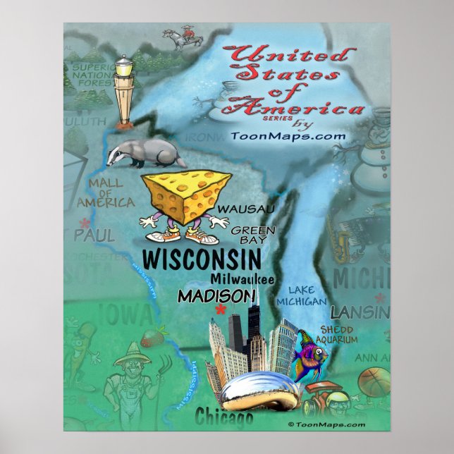 Póster Mapa do Fundo de Wisconsin (Frente)