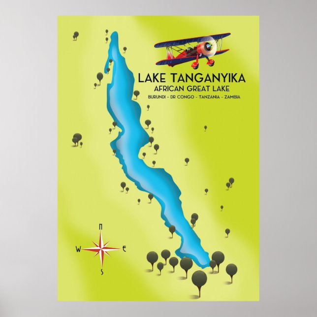 Poster Mapa do grande lago africano Lago Tanganica (Frente)