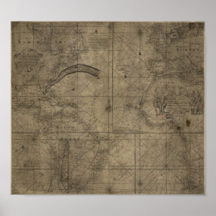 Póster Mapa do Gulf Stream e do oceano 1768 de Antlantic