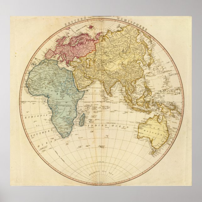 Póster mapa do hemisfério leste (Frente)