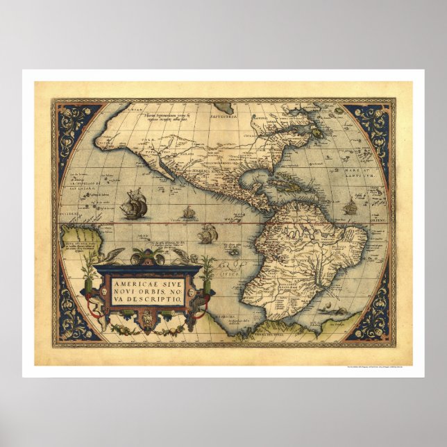 Póster Mapa Do Hemisfério Ocidental Por Ortelius 1570 (Frente)
