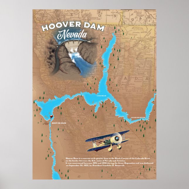 Poster Mapa do Hoover Dam Nevada (Frente)